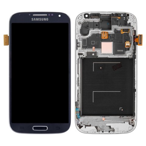 Дисплей для Samsung I9500 Galaxy S4, синій, з рамкою, Оригінал переклеєне скло 