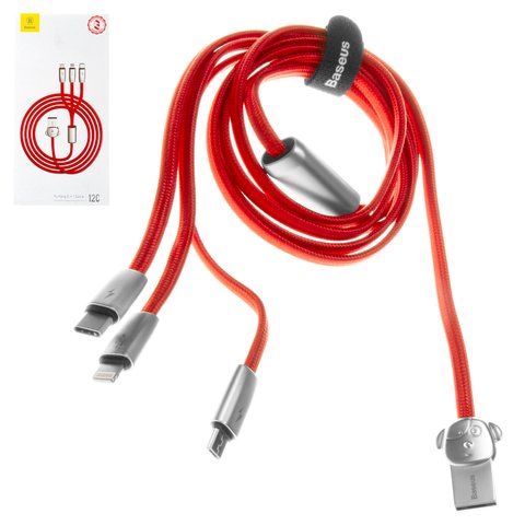 USB кабель Baseus Rapid Series, USB тип C, USB тип A, micro USB тип B, Lightning, 120 см, 3 A, красный, плоский, передача данных только на Lightning, в нейлоновой оплетке, 3 в 1, #CAMLT FW09