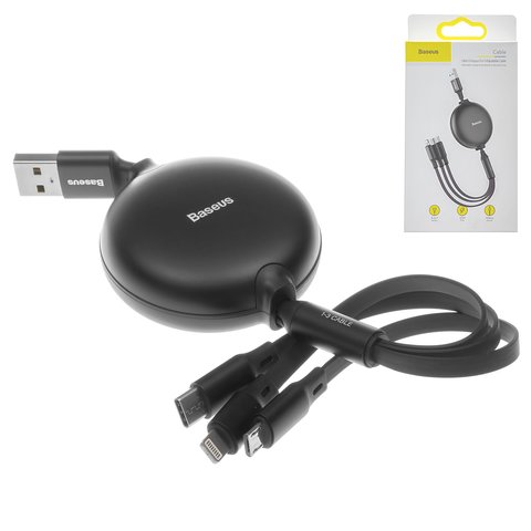 USB кабель Baseus Little Octopus, USB тип C, USB тип A, micro USB тип B, Lightning, 120 см, 3,5 А, черный, плоский, для зарядки телефона, выдвижной, 3 в 1, #CAMLT ZY01