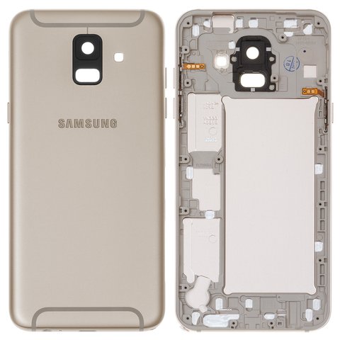 Panel trasero de carcasa puede usarse con Samsung A600F Dual Galaxy A6 2018 , dorada, con vidrio de cámara, con botones laterales