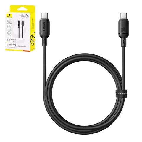 Cable USB Baseus Silky, 2xUSB tipo C, 200 cm, 100 W, negro, de silicona, #P10377704113 01