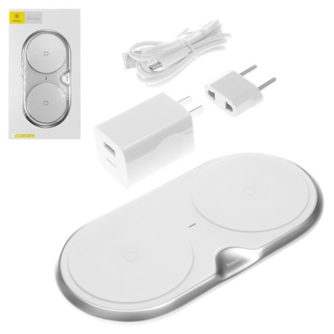 Cargador inalámbrico Baseus Dual, Quick Charge, para dos teléfonos, 220 V, USB tipo C entrada 5V 3A 9V 3A , salidas 5V 7.5V 10V , plateado, USB tipo C, plástico, metal, #WXXHJ 0S