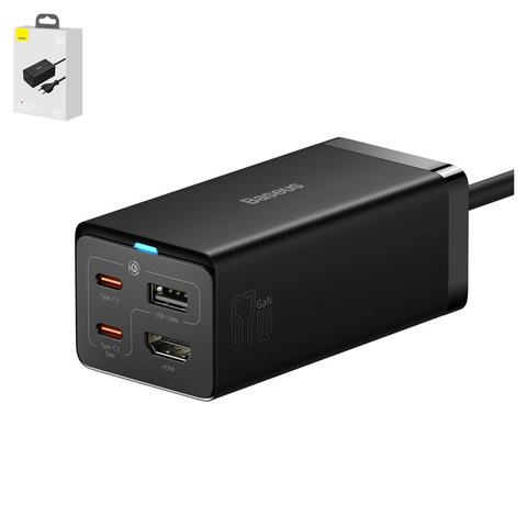 Мережевий зарядний пристрій Baseus GaN5 Pro Desktop, 67 Вт, Quick Charge, чорний, з кабелем USB тип C до USB тип C, USB тип A лише для передачі даних, 4 порта, 1,5 м, #CCGP110201